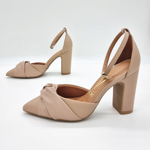 Vizzano 1285-444 Block Heel Pointy Toe Knotted Pump in Beige