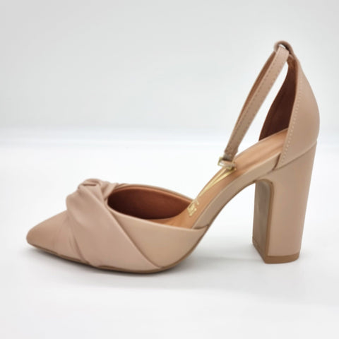 Vizzano 1285-444 Block Heel Pointy Toe Knotted Pump in Beige