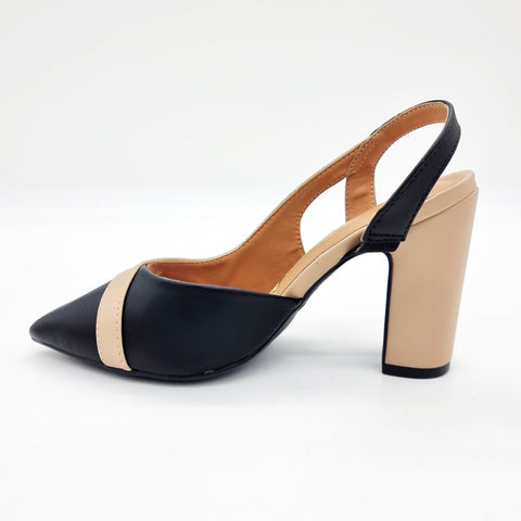 Vizzano 1285-4443 Block Heel Pointy Toe Slingback Pump in Black/Beige