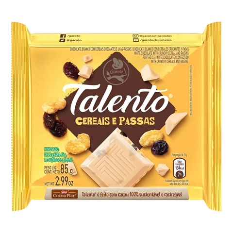 Chocolate Garoto Talento Branco com Cereais e Passas 3x85g