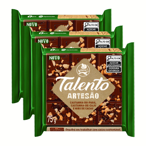 Chocolate Garoto Talento Artesão Castanha-do-Pará, Castanha-de-Caju e Nibs de Cacau 3x75g