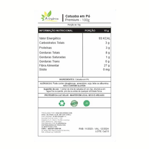 Catuaba Pó Premium 100g Sachê - A Organica