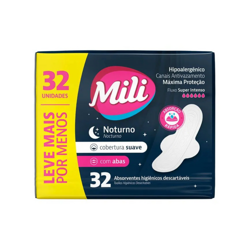 Absorvente Noturno Mili Cobertura Suave com Abas 32un