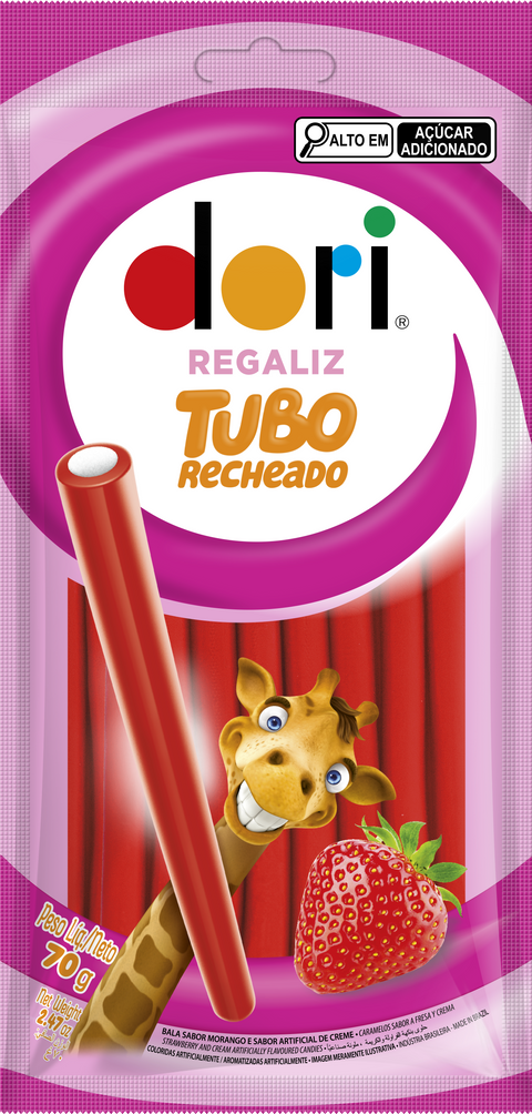 Bala Tubo Recheado Morango Dori 70g