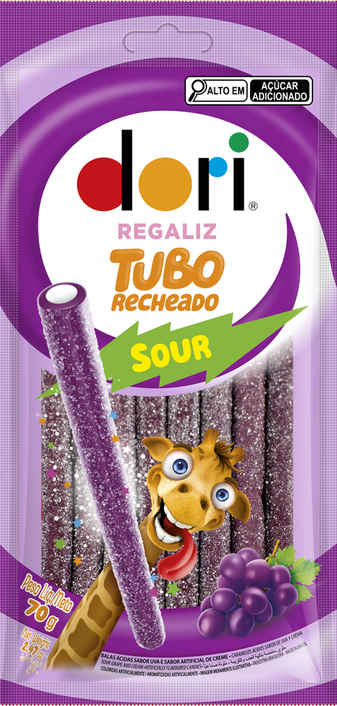 Bala Tubo Recheado Uva Ácido Dori 70g