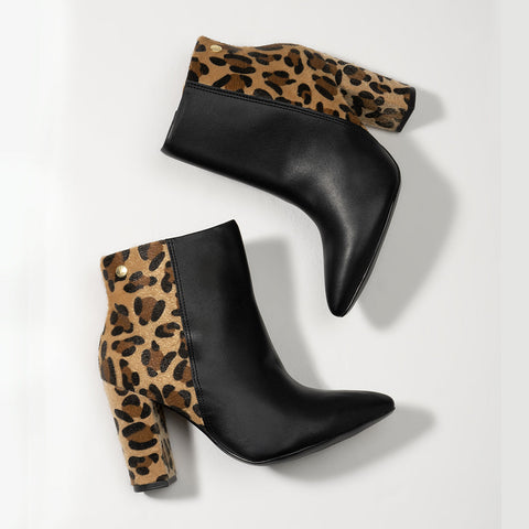 Vizzano 3105-100 Block Heel Pointy Toe Ankle Boot in Black/Multi Beige