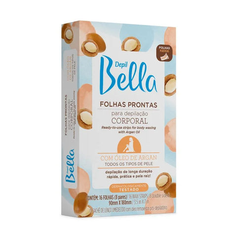 Folhas Prontas Para Depilação Corporal Depil Bella Óleo de Argan 16 Folhas 8 Pares 52g